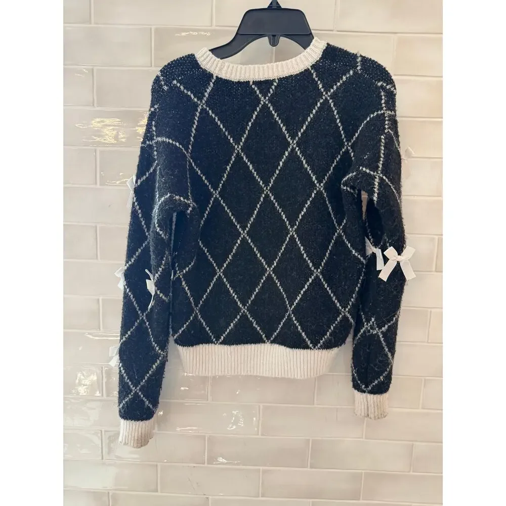 Girls Black White Bows Sweater Preppy Ballet Core Size Small